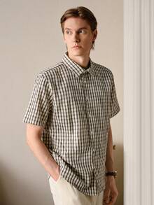 VeloEdit Camisa casual de manga corta con botones y estampado a cuadros texturizado, Old Money - Negro - Ver 4