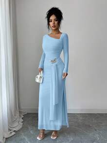 Elenzga Elenzya Women Summer Elegant Light Blue Long Sleeve Dress,Autumn Bar Party Chiffon Asymmetric Collar Waist Dress  Metal Butterfly Decor For Vacation - Baby Blue - View 3