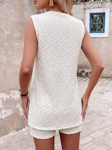 SHEIN LUNE Conjunto de 2 piezas de top corto sin mangas y shorts de moda básica para uso diario, vacaciones de verano y viajes, de mujer - Beis - Ver 2