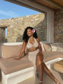 BamGleam Ensemble décontracté d'été pour femmes, tenue de vacances à la plage. Débardeur court sexy à une épaule kaki avec jupe mi-longue - Kaki - Voir 6