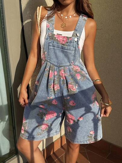 DAZY Bộ áo liền quần và quần yếm denim dáng rộng in họa tiết hoa toàn thân dành cho nữ.