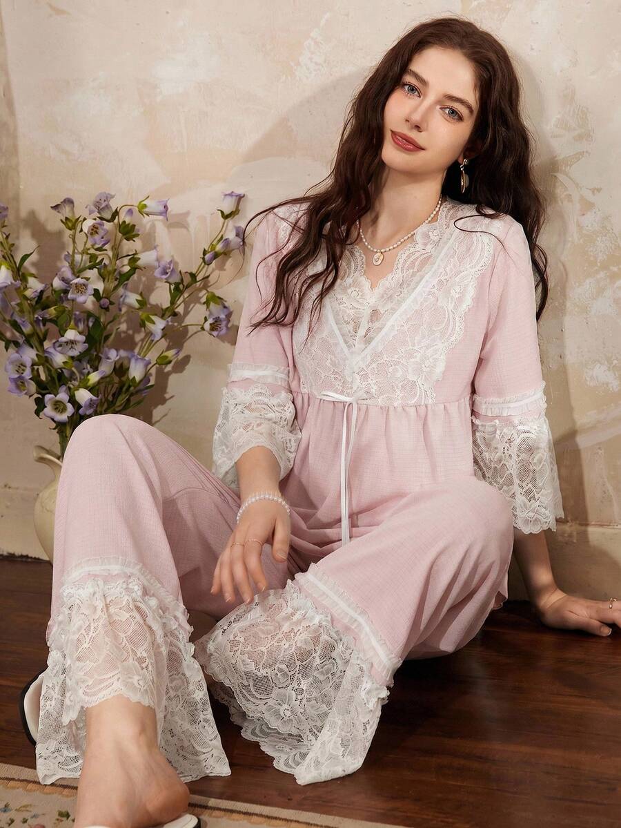 Côtesoire Romantic French Elegant Lace Women Pajama Set - Pink - View 1