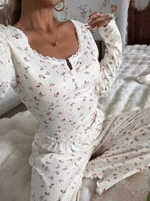 CottageSlumber Bộ đồ ngủ tay dài dệt kim họa tiết hoa jacquard cổ vuông viền ren, kiểu dáng lãng mạn. - trắng - Xem 6