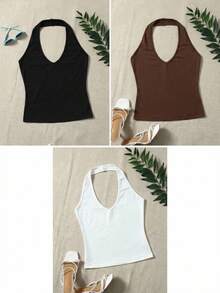SHEIN EZwear 大尺碼女款黑白棕色露背掛脖上衣 度假夏季性感休閒寬鬆工裝風 - 彩色 - 查看 4