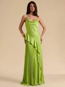 SHEIN BAE Đầm dài xếp ly màu xanh lá cây trơn dành cho nữ, cổ xếp ly, gấu xếp ly, kiểu dáng thanh lịch cho mùa xuân/hè, thích hợp cho kỳ nghỉ và đi biển, đầm xếp ly màu xanh lá cây. - màu xanh lá - Xem 7