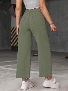 SHEIN ICON 大码女式休闲日常通勤简约纯色宽松阔腿牛仔裤 - 軍綠色 - 查看 2