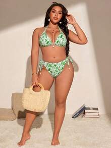 Swim Vcay Plus Size Women Colorful Ocean Coral & Starfish Print Bikini Swimwear Set, Vacation - Green - View 4