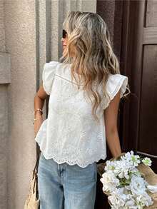 Pariaura Vacation Casual Solid Color Hollow Embroidery Cap Sleeve Blouse - White - View 1