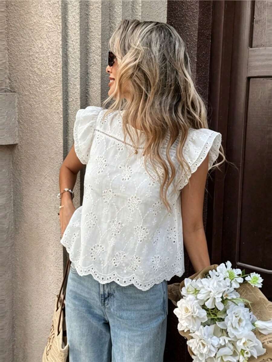 Pariaura Vacation Casual Solid Color Hollow Embroidery Cap Sleeve Blouse - White - View 1
