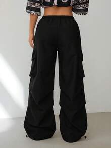 SHEIN PETITE 女士夏季街头复古西部风Y2K低腰降落伞工装裤 - 黑色 - 查看 2