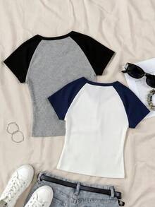 Tween Girls' Casual Comfortable Patchwork Contrast Color Round Neck 2 Pieces T-Shirt Set - Multicolor - View 2