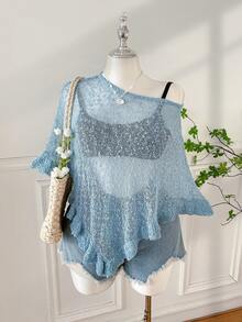 SHEIN EZwear Plus Size Women Casual Ruffled Hem Semi-Sheer Crochet Poncho Sweater, Suitable For Summer Outings And Dates - Blue - View 5