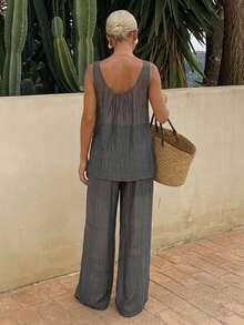 Livesso Summer Hollow Textured Sleeveless Tank Top Loose Straight Leg Pants Set, Grey, Casual, Vacation, Holiday, Elegant Business Office Outfit, Beach Wear - Dark Grey - View 4