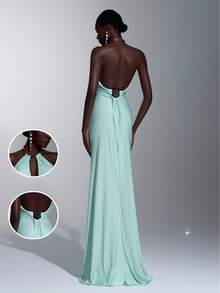 Elegant, Simple, And Stylish, This Light Blue Stretch Knit Dress Features An Asymmetrical Chain Embellishment, A Halter Neck, A Low Back, And A Mermaid Silhouette. Perfect For Weddings, Bachelor/Bachelor Parties, Vacations, Proms, Dinners, And Bridesmaid Dresses. - Teal Blue - View 2