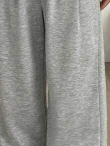 SHEIN 少女休闲舒适中腰加厚纯色裤 - 灰色 - 查看 3