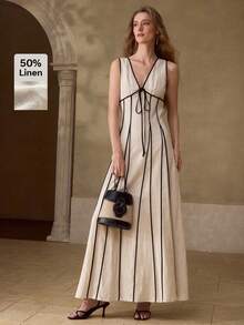 MOTF PREMIUM ROBE LONGUE FEMME EN LIN blocs de couleurs, DÉCONTRACTÉE ET POUR RENDEZ-VOUS, PRINTEMPS/ÉTÉ - Noir et Blanc - Voir 1