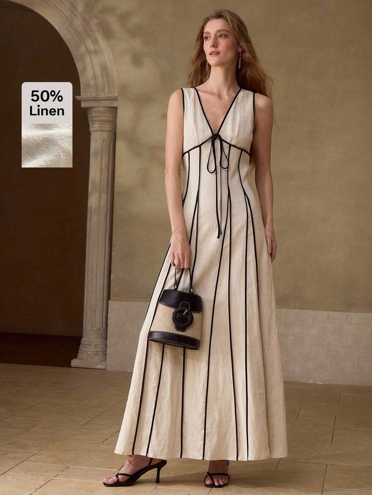 WOMEN'S LINEN COLORBLOCK LONG DRESS, CASUAL & DATE WEAR, SPRING/SUMMER