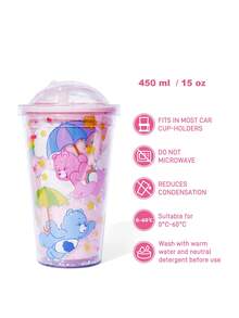 SHEIN X Care Bears 450毫升卡通草莓图案透明双吸管杯，礼品创意 - 粉色 - 查看 3