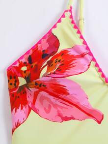 SHEIN Swim Oasis Bộ đồ bơi liền thân không gọng, dây mảnh, cạp cao, in kỹ thuật số, kèm chân váy dài bằng lưới, thích hợp cho kỳ nghỉ biển mùa xuân/hè. - Màu vàng - Xem 6