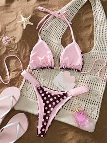 Swim Mod Women's 2pcs Polka Dot Random Print V-Neck Halter Tie Bikini Thong Swimwear Set, Summer Beach Party Pink And Brown Polka Dot Sexy - Multicolor - View 5