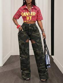 SHEIN 女士迷彩镂空直筒牛仔裤 - 軍綠色 - 查看 7