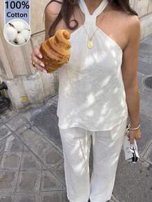 SHEIN EZwear 白色梭织女士休闲背心和裤子套装 - 白色 - 查看 1