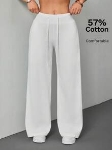SHEIN PETITE Comfortable And Casual Plain Knit Low-Rise Wide-Leg Women Sweatpants - White - View 3