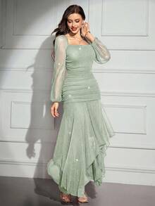 Modelyn Women's Solid Color Shiny Square Neck Lantern Sleeve Asymmetric Hem Elegant Dress,Wedding Guest Dress Women - Mint Green - View 4