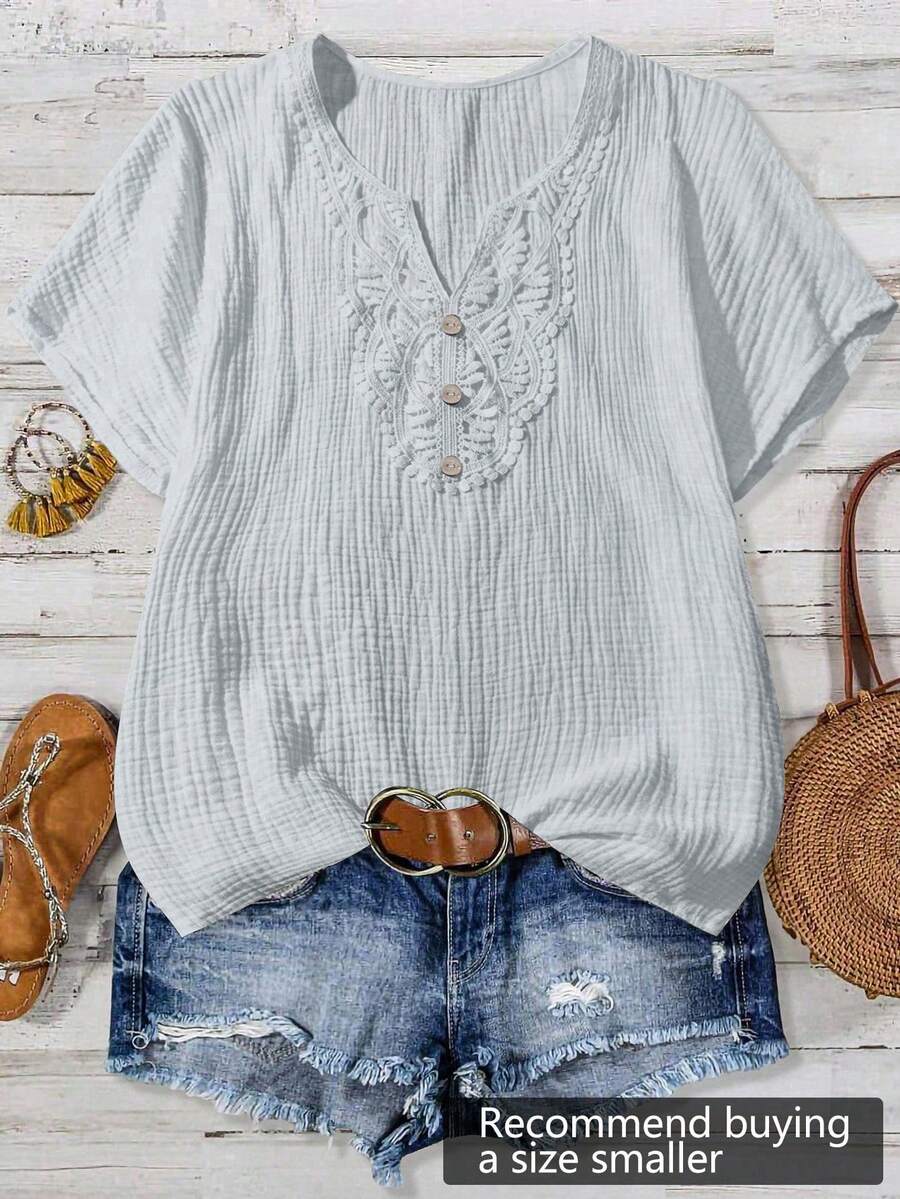SHEIN LUNE Plus Size Women's Solid Color Contrast Lace Short Sleeve Casual Shirt - Grey - View 1