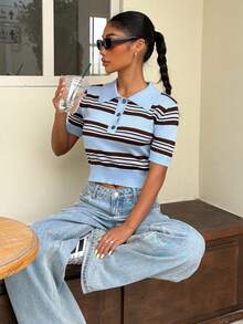 SHEIN Muchic Striped Multicolor Pattern Half-Zip Casual Versatile Short Sleeve Knit Top - Multicolor - View 3