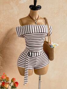 Soleia 露肩条纹连体裤，适合度假、音乐节、波西米亚风格 - 彩色 - 查看 3