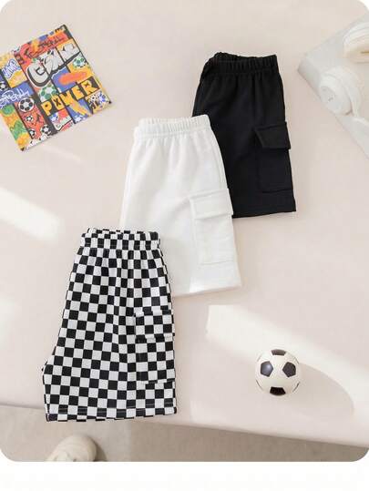 3 pièces Ensemble de shorts décontractés pour bébé/tout-petit unisexe avec motif à carreaux et couleur unie, taille élastique. Tenue d'été douce et confortable