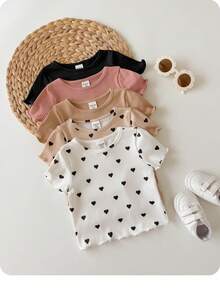 5-Piece  Of Solid Color Heart Pattern Knitted Casual T-Shirts For Baby Girls (Multiple Pieces) - Multicolor - View 2