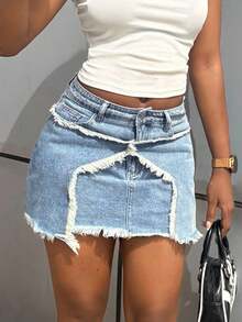 StreetHx Fashionable Casual Versatile Retro Star Shaped Denim Mini Skirt For Women - Light Wash - View 1