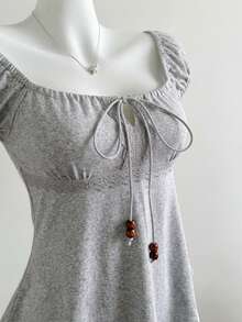 de manga corta holgada con lazo y decoración de perlas para mujer en verano - Gris Claro - Ver 3