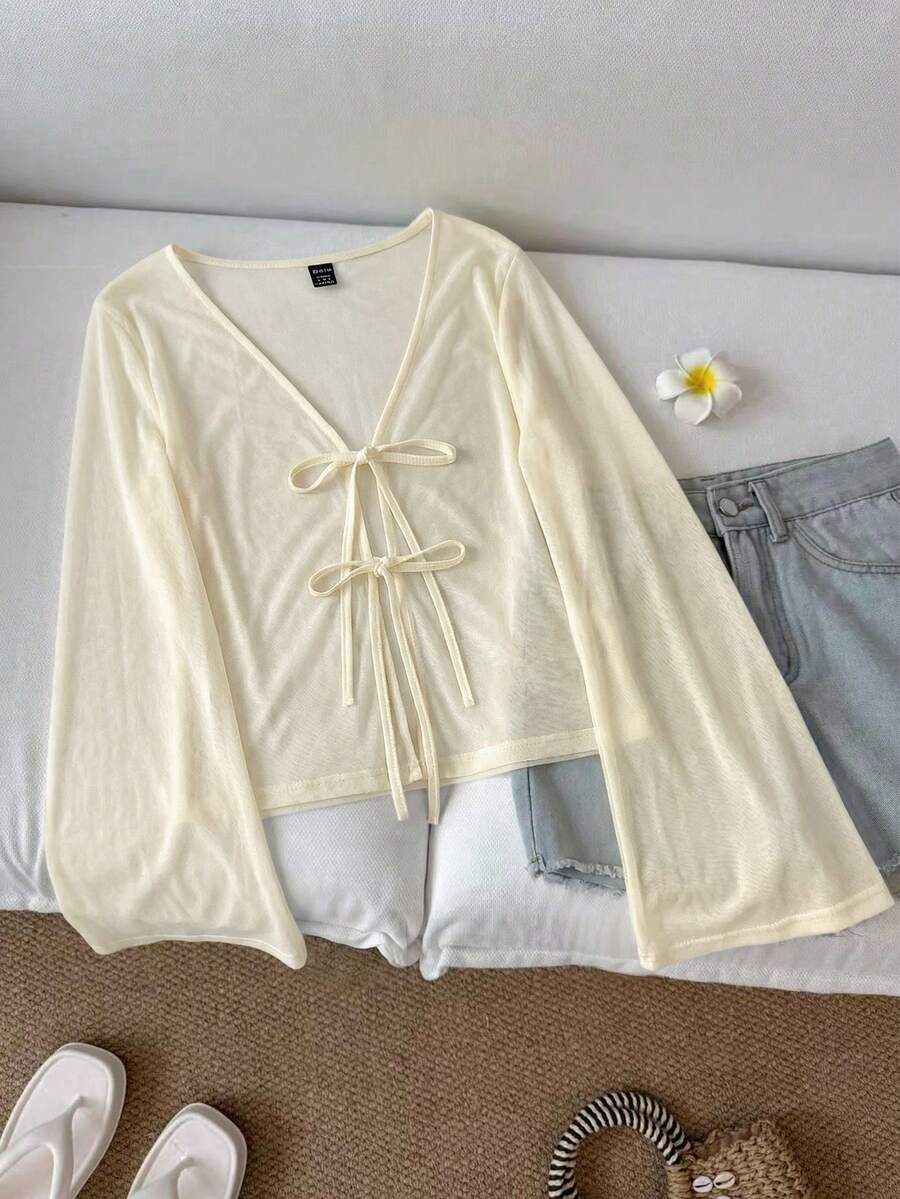 SHEIN LUNE Women's Casual Lace-Up Sheer Cream Yellow Blouse - Beige - View 1