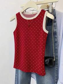 Airaco Áo tank top nữ cổ tròn in chấm bi, kiểu dáng thường ngày, đa năng. - Đỏ - Xem 3