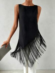 EMERY ROSE Fringe Asymmetrical Hem Tank,Sleeveless Tops - Black - View 1