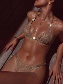 Bonvoyette Bộ bikini mùa hè mới gợi cảm, chất liệu vải jacquard màu nâu, kiểu dáng ngọt ngào, xẻ tà cho vòng một nhỏ, ôm sát và tôn dáng, bikini thời trang với họa tiết ngọc trai bất đối xứng, thích hợp cho bãi biển, tuần trăng mật và kỳ nghỉ. - màu nâu - Xem 16