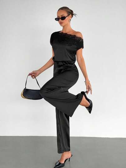 Siren Gaze One-Shoulder Lace Jumpsuit | High-Waisted Elastic For A Slimming Effect | Straight-Leg Trousers | Elegant Black For Evening Or Work Occasions