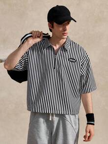 Courvante TOKUVE Herren Casual Poloshirt, Schwarz, Jung & Modisch mit Reißverschluss-Leiste, Minimalistisches gestreiftes Material, Inspiriert von Ins, Geschenk oder Freund - Schwarz - Übersicht 7