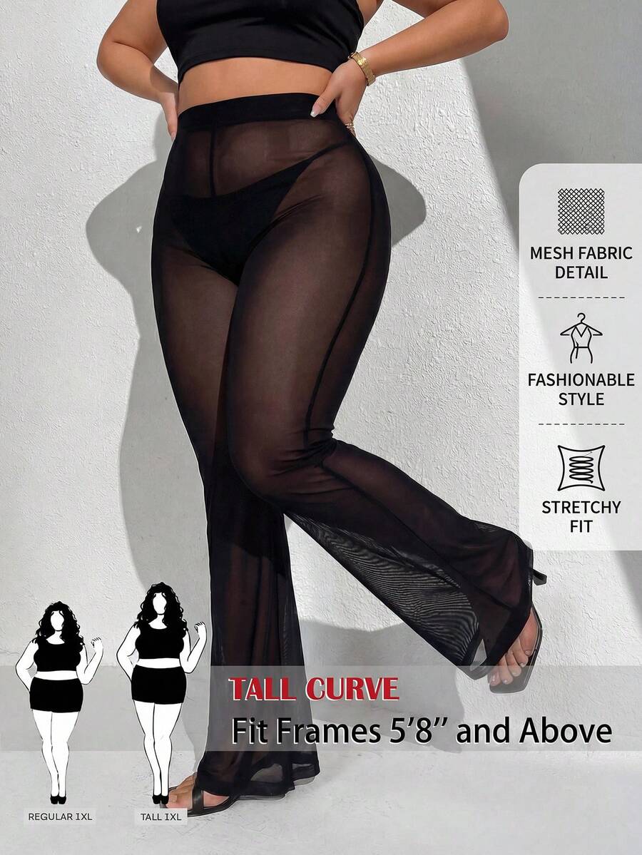 SHEIN Tall CURVE CURVE 大尺碼女款高個子黑色網紗夏季 70 年代海灘電音派對褲,透視高腰喇叭褲,優雅電音度假風 - 黑色 - 查看 1