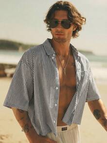 HIMLAND Áo sơ mi nam tay ngắn kẻ sọc dáng ôm vừa vặn, kiểu dáng thường ngày. - Nhiều màu - Xem 3