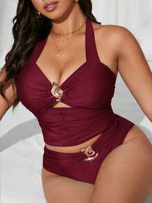 SHEIN Swim Lushore Bộ đồ bơi tankini 2 mảnh màu xanh lá cây dành cho nữ cỡ lớn, kiểu cổ yếm khoét rỗng, lưng trần xếp nếp, thanh lịch và thời trang. - Màu Đỏ Sâu - Xem 5