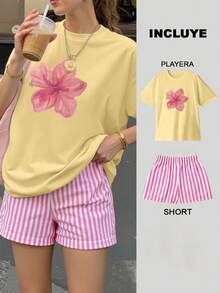 2 Playera Amarilla con Short Rayas Rosa con Blanco