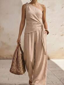 Zivah Women's Sleeveless Loose Jumpsuit With Asymmetric Shoulder Design - Khaki - View 4