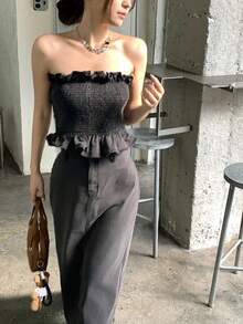 DAZY Women's Summer Casual Ruffle Bandeau Top And Denim Skirt Set - Black - View 3
