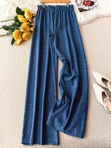 SHEIN PETITE CURVE Quần ống rộng cạp cao, thun co giãn, viền bèo nhún dành cho nữ cỡ lớn, trang phục công sở thanh lịch, quần tây màu xanh dương, phù hợp cho kỳ nghỉ hè. - Màu xanh lam - Xem 2