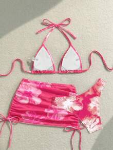 Soleia Conjunto de bikini y pareo con estampado floral para mujer - Rosa - Ver 3