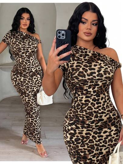 SHEIN SXY Women's Leopard Print Asymmetric Shoulder Elegant Waist Cinched Party Dress